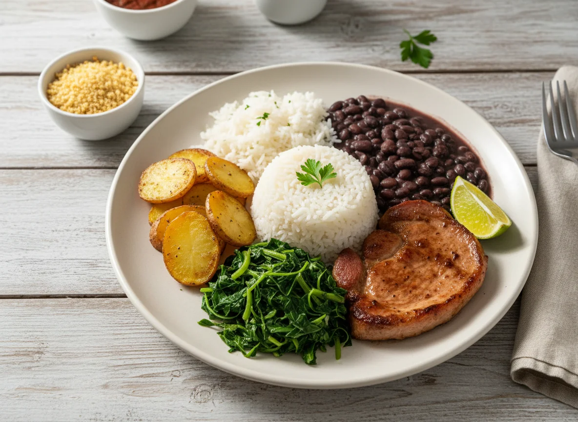 Prato brasileiro com arroz, feijão, batata e carne photo