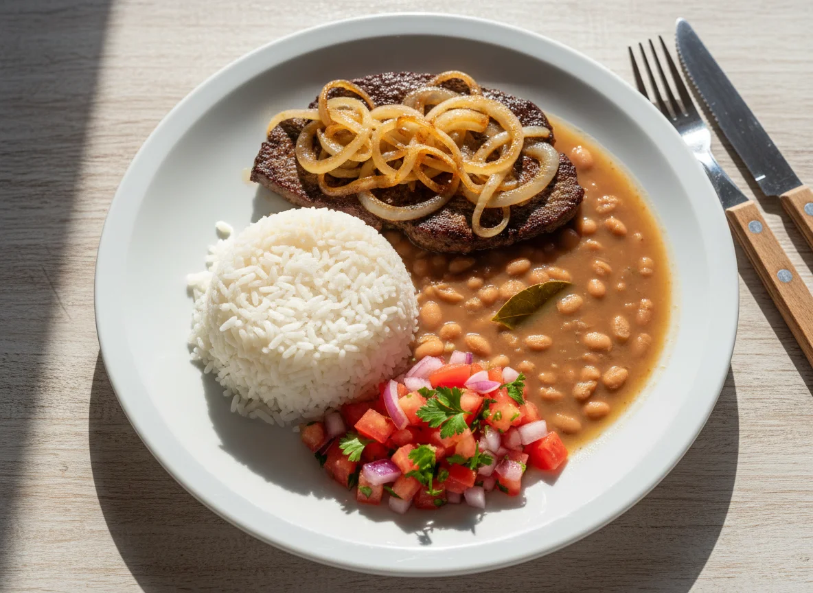 Prato brasileiro com arroz, feijão, bife de fígado e vinagrete photo