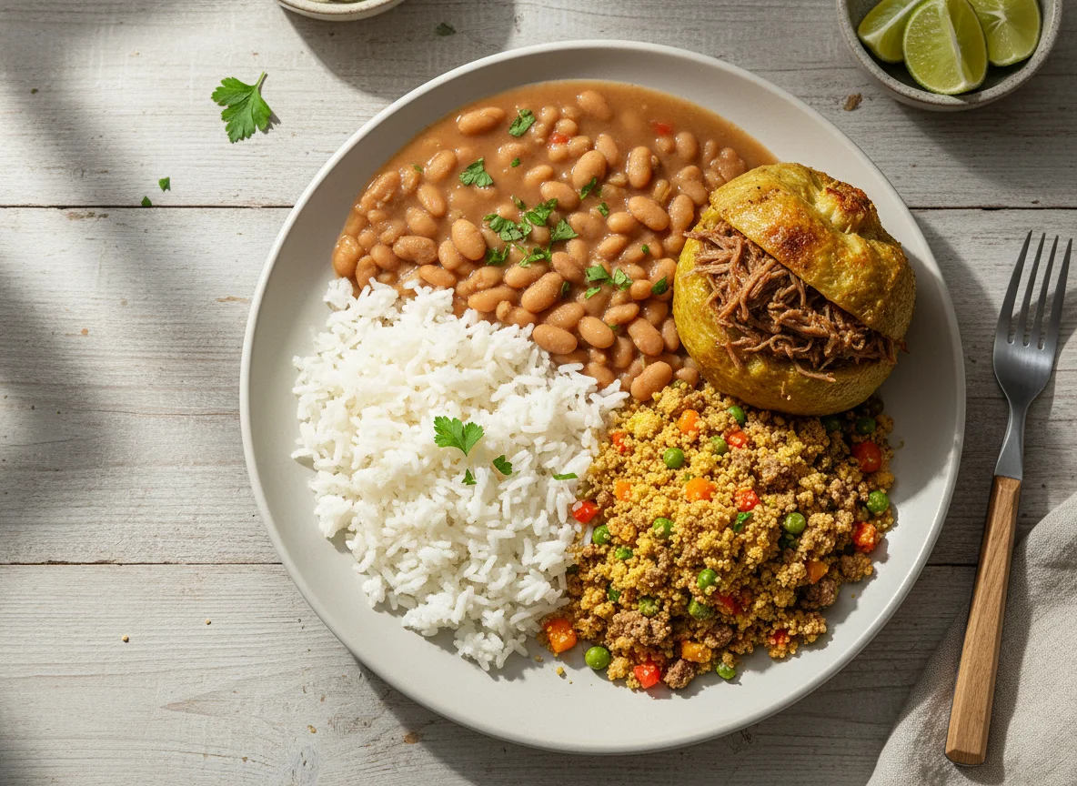 Prato brasileiro com arroz, feijão, brócolis e farofa photo