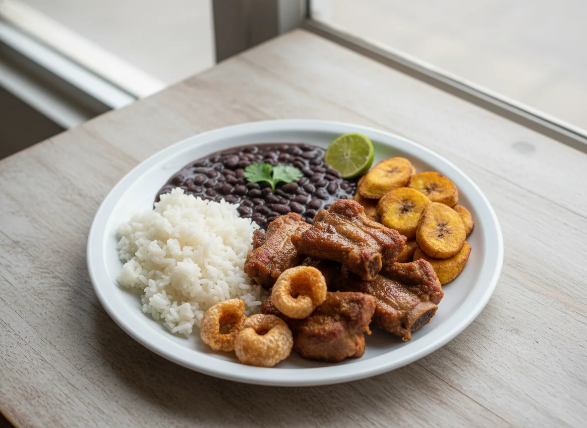 Prato brasileiro com arroz, feijão, carne de porco frita e banana da terra frita photo