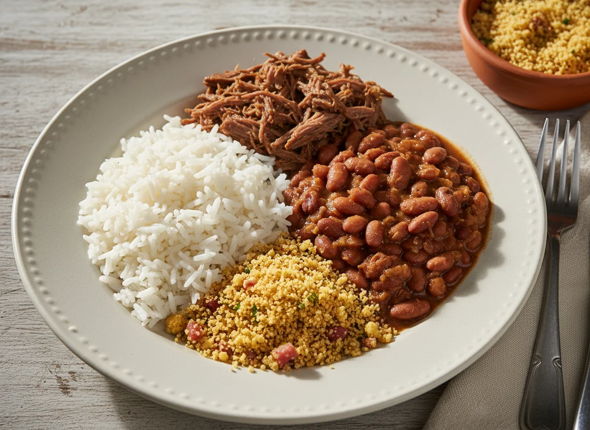 Prato brasileiro com arroz, feijão, carne desfiada e farofa photo