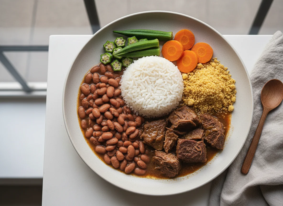 Prato brasileiro com arroz, feijão, carne e farofa photo