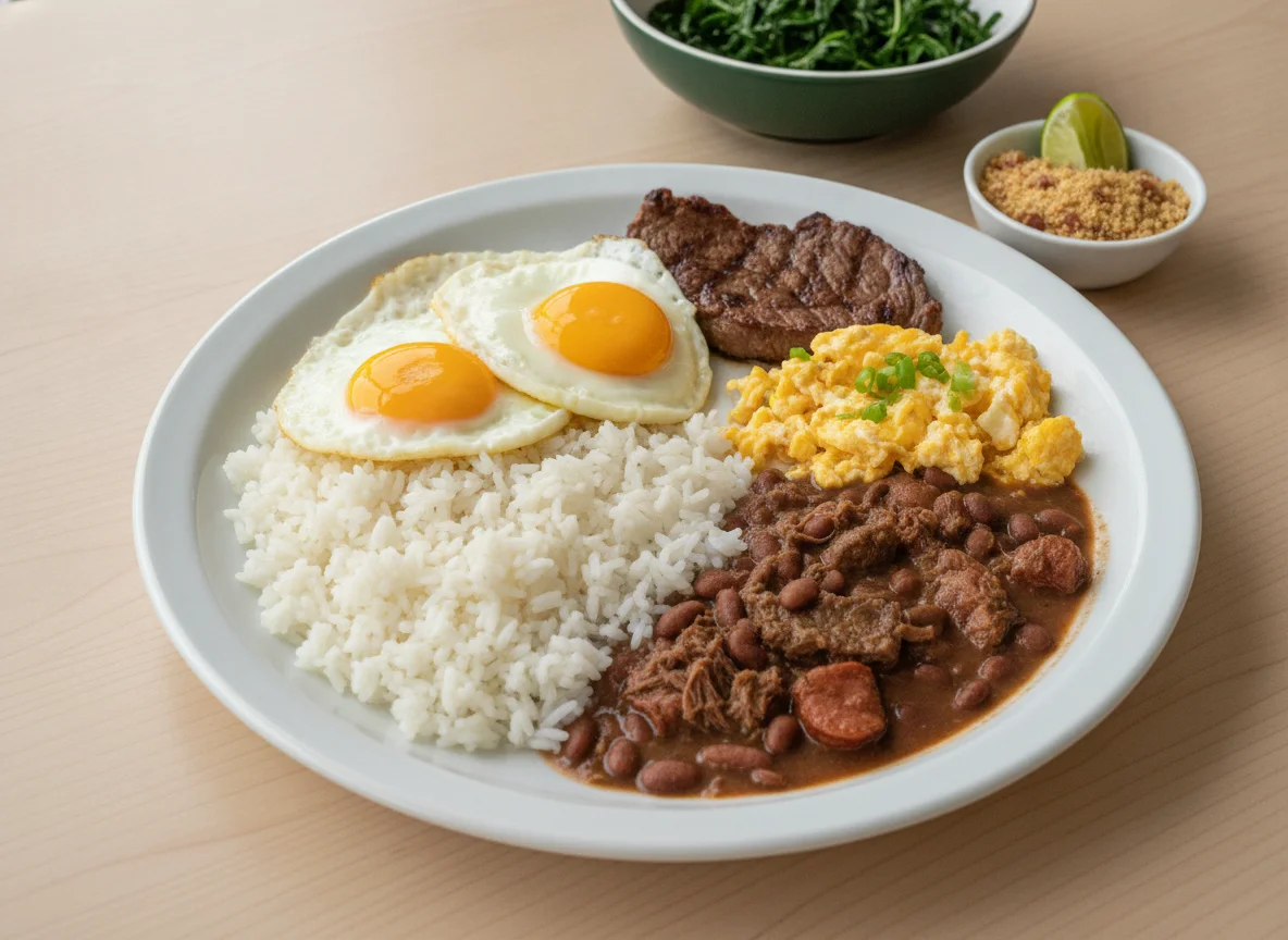 Prato brasileiro com arroz, feijão, carne e ovos mexidos photo