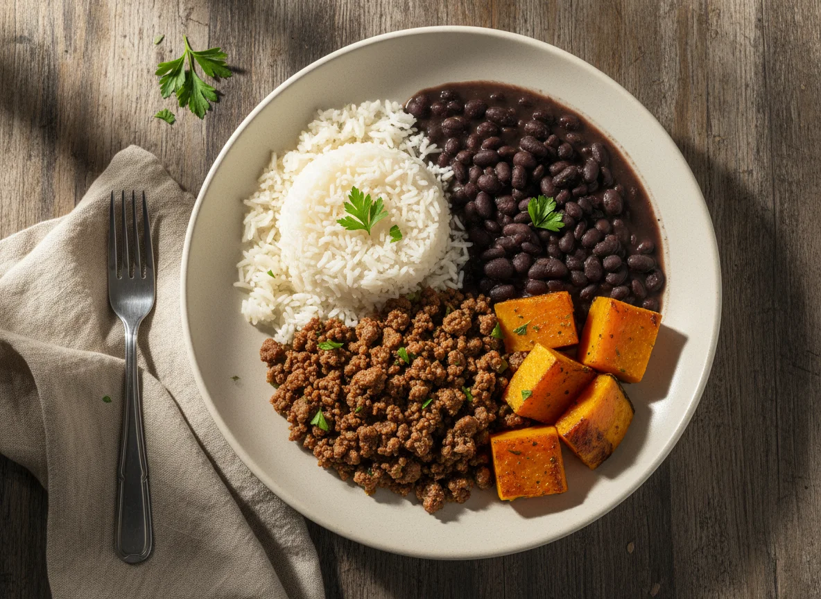 Prato brasileiro com arroz, feijão, carne moída e abóbora photo