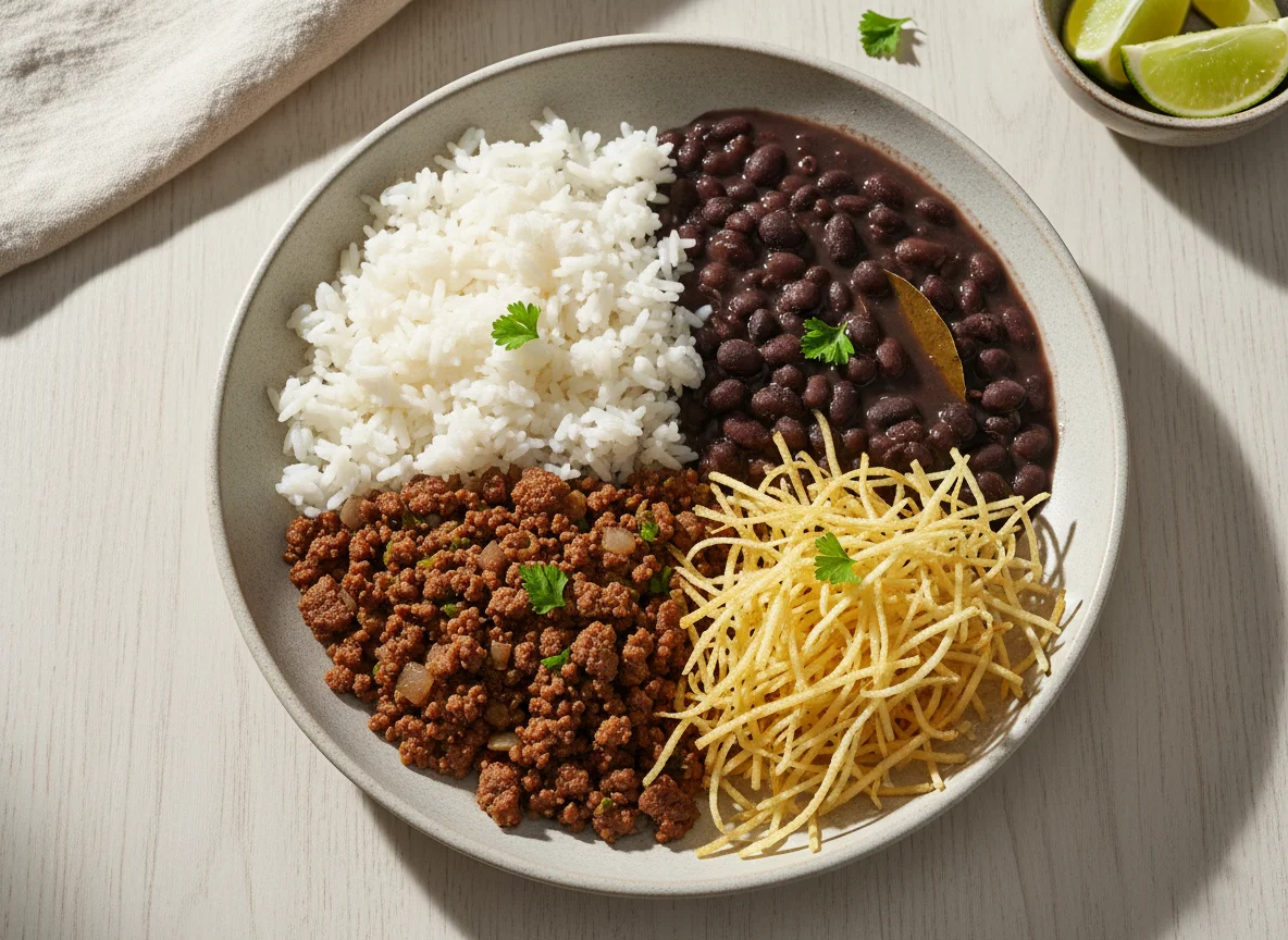 Prato brasileiro com arroz, feijão, carne moída e batata palha photo