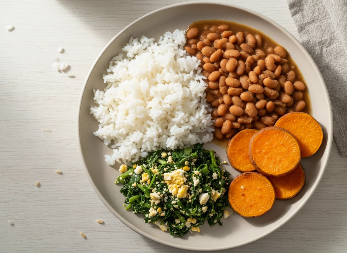 Prato brasileiro com arroz, feijão, couve e batata doce photo