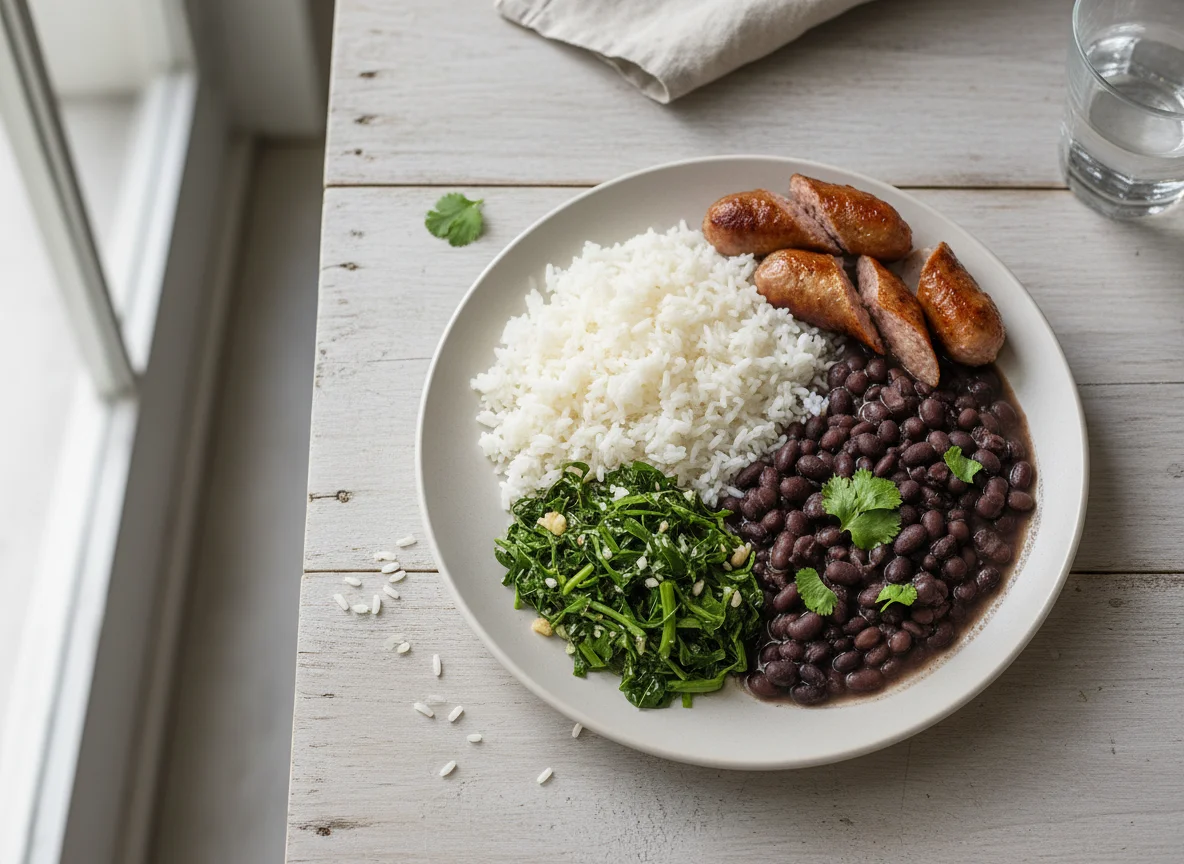 Prato brasileiro com arroz, feijão, couve e linguiça photo