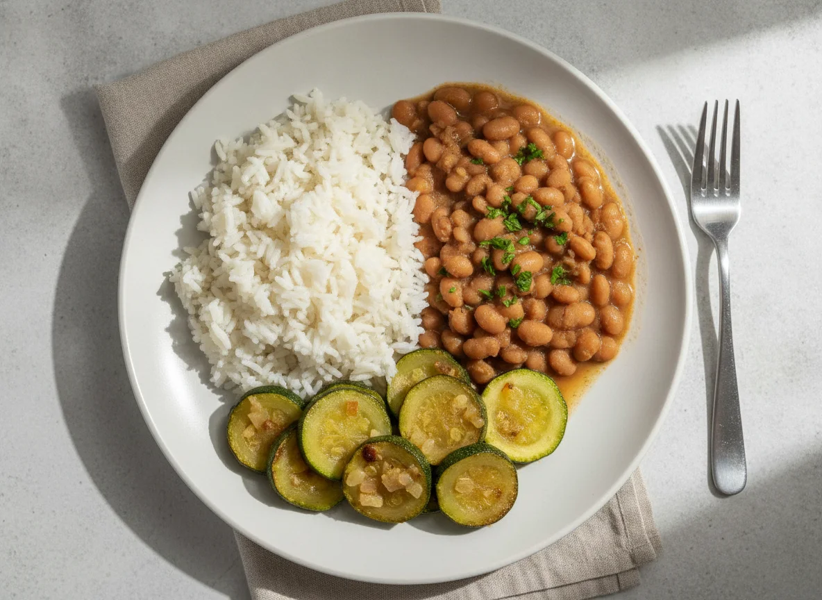 Prato brasileiro com arroz, feijão e abobrinha refogada photo