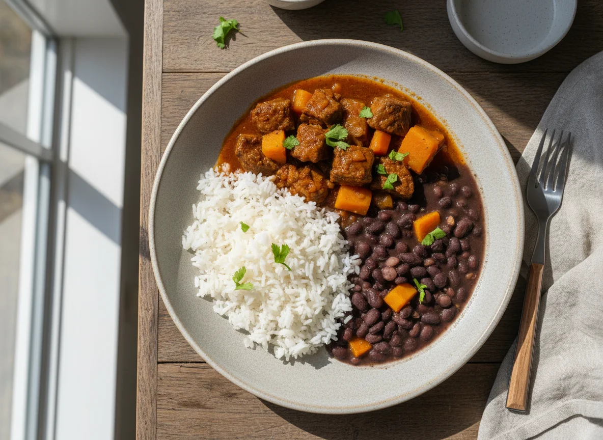 Prato brasileiro com arroz, feijão e carne com abóbora photo