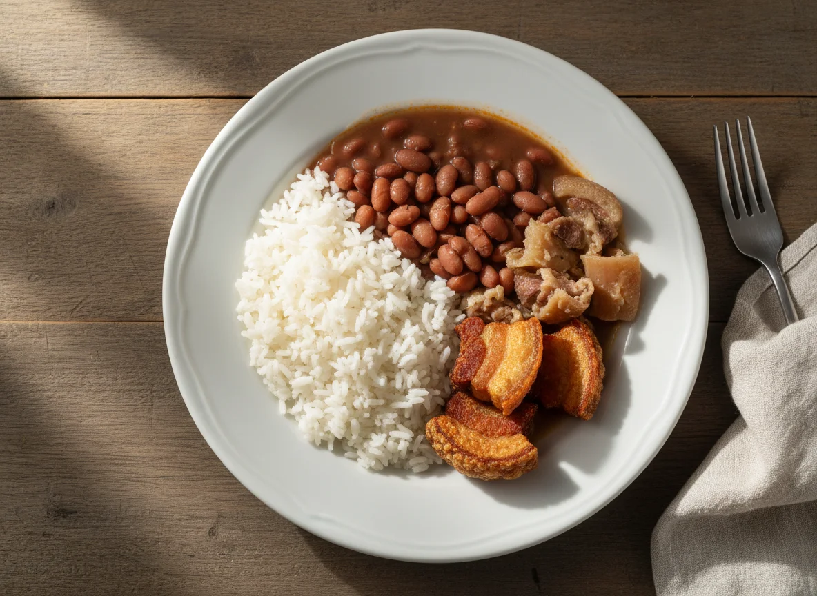 Prato brasileiro com arroz, feijão e carne de porco photo