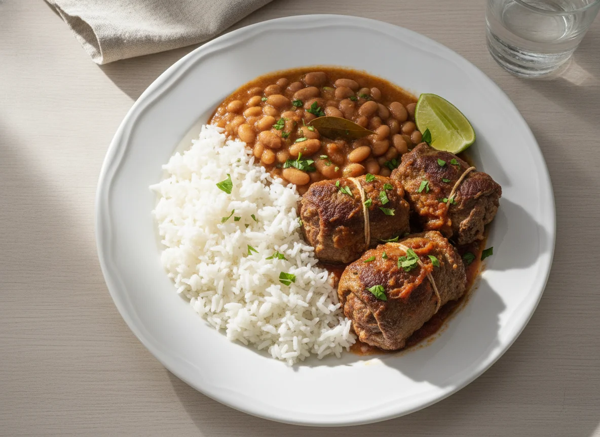 Prato brasileiro com arroz, feijão e carne enrolada photo
