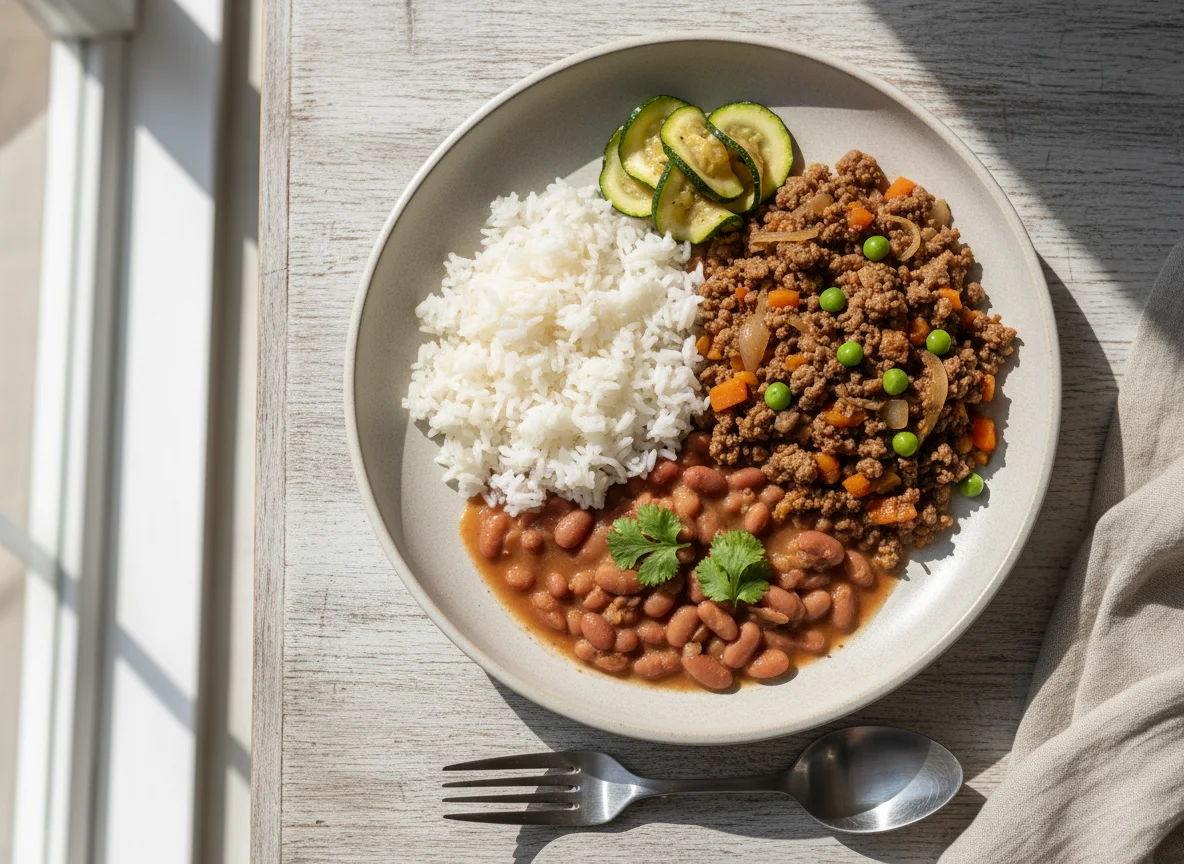 Prato brasileiro com arroz, feijão e carne moída com legumes photo