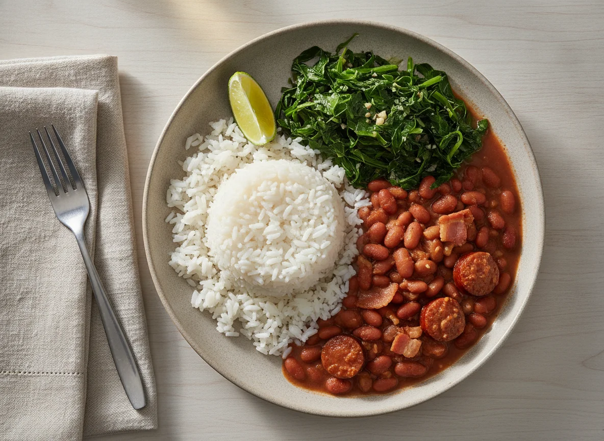 Prato brasileiro com arroz, feijão e couve photo