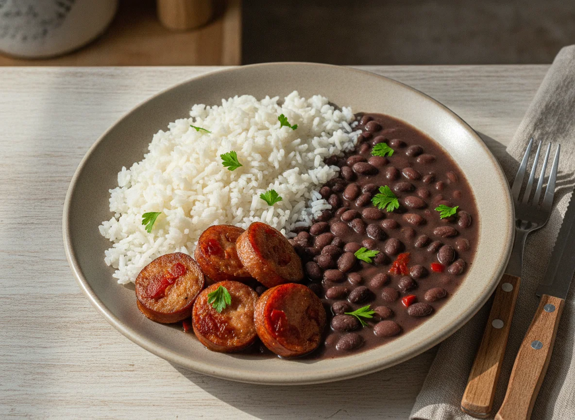 Prato brasileiro com arroz, feijão e linguiça photo