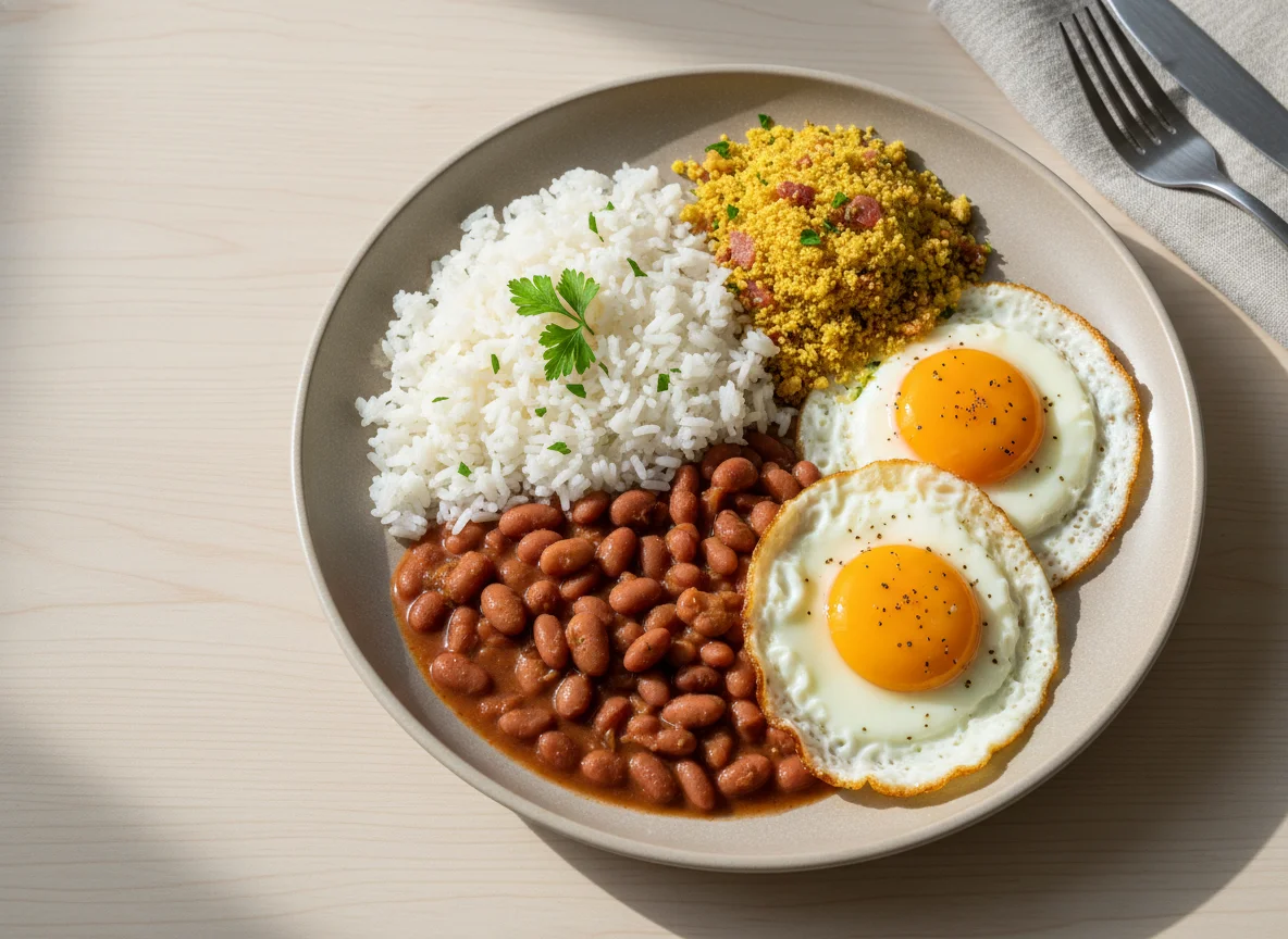 Prato brasileiro com arroz, feijão e ovos fritos photo