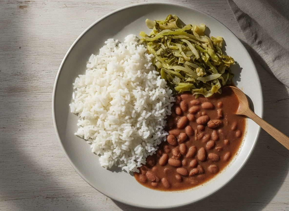 Prato brasileiro com arroz, feijão e repolho refogado photo
