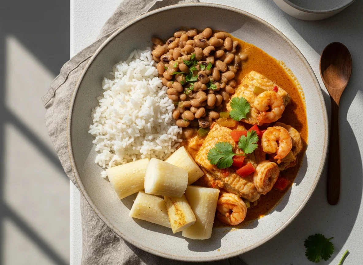 Prato brasileiro com arroz, feijão fradinho, moqueca e mandioca photo