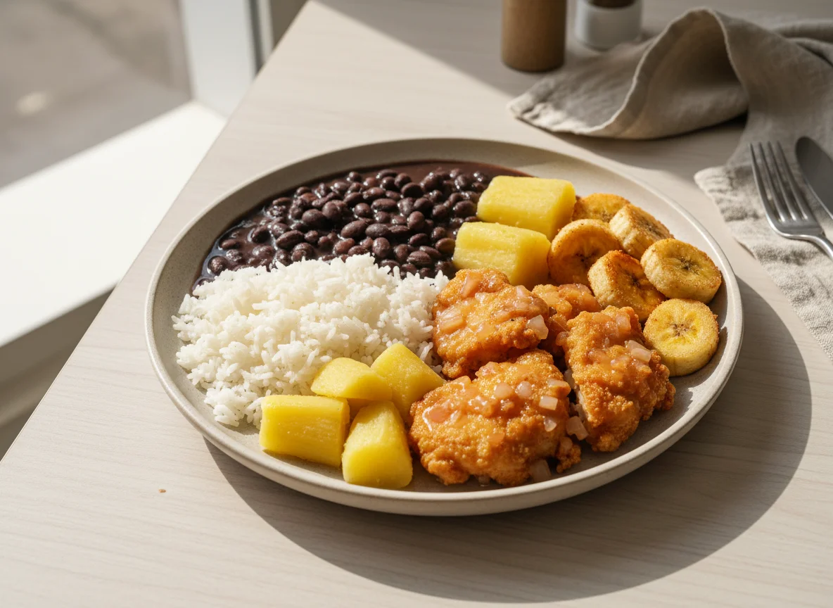 Prato brasileiro com arroz, feijão, frango e mandioca photo