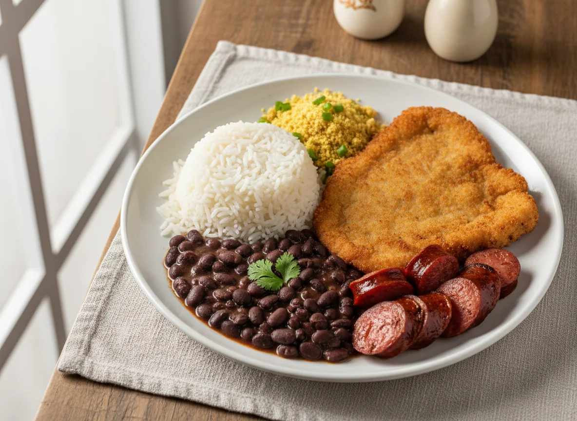 Prato brasileiro com arroz, feijão, linguiça e bife à milanesa photo