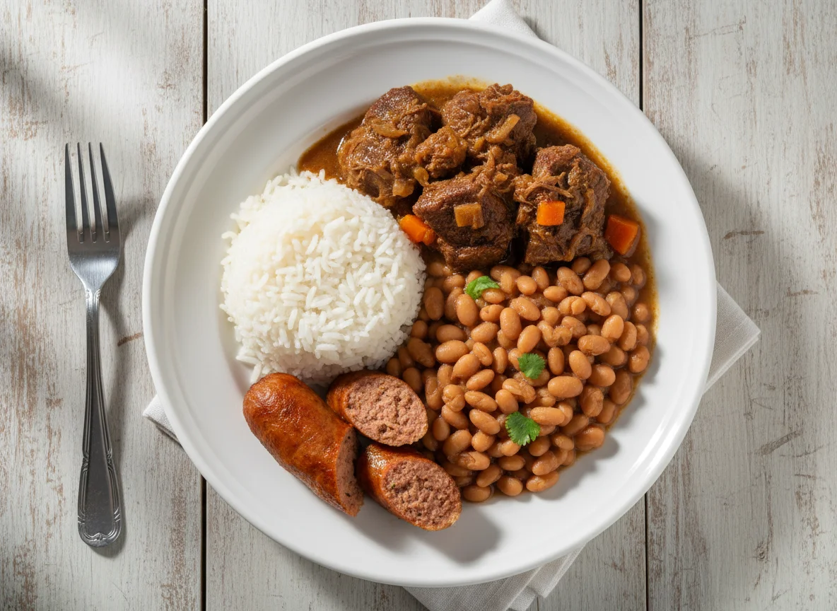 Prato brasileiro com arroz, feijão, linguiça e carne de panela photo