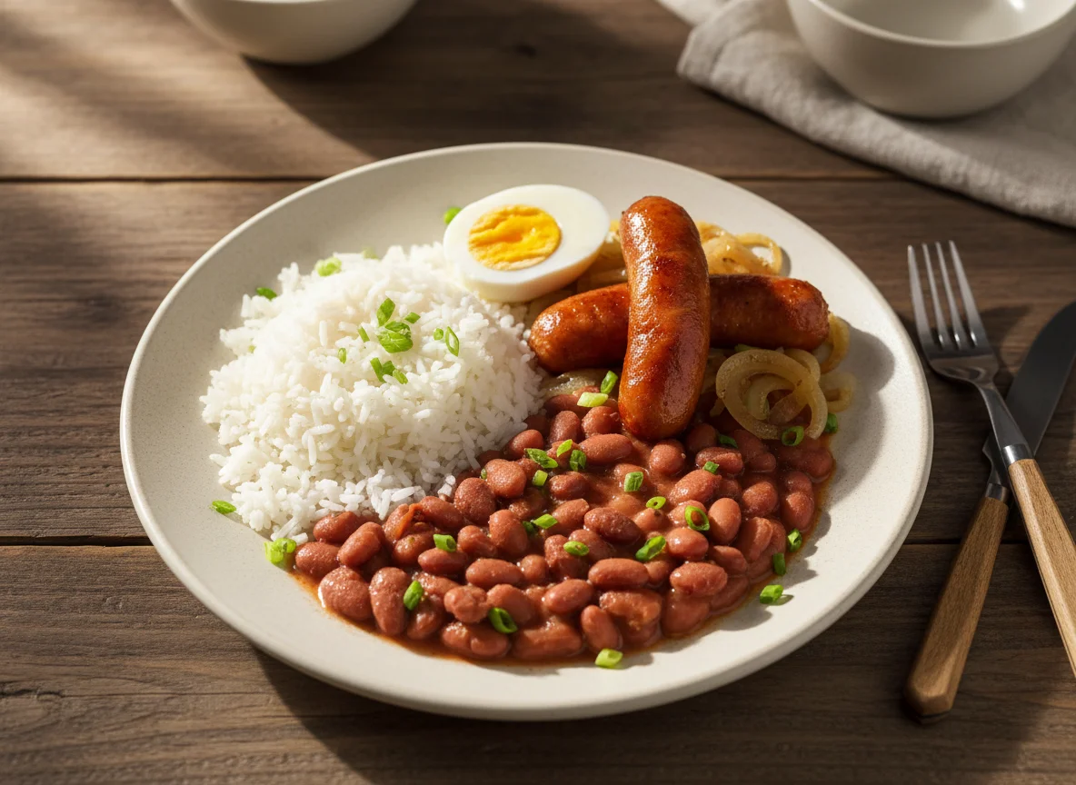 Prato brasileiro com arroz, feijão, linguiça e ovo photo