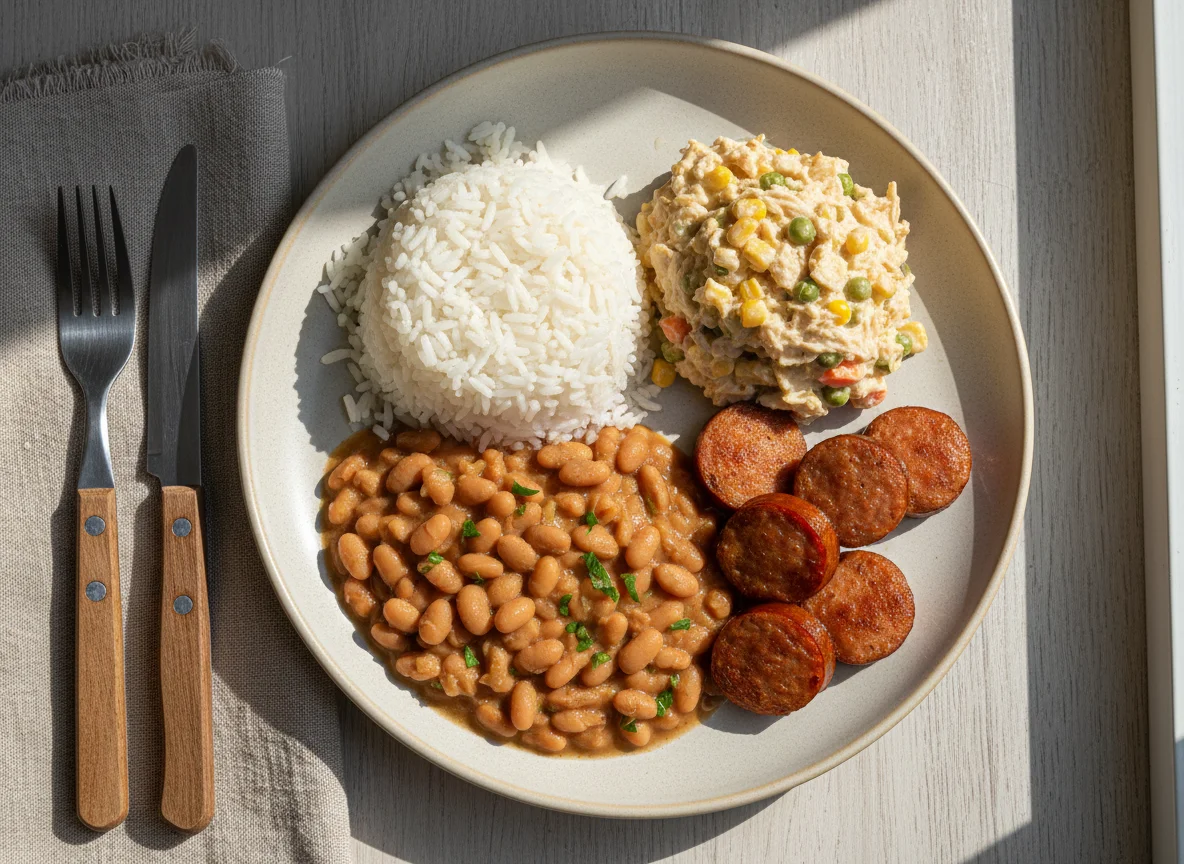 Prato brasileiro com arroz, feijão, linguiça e salpicão photo