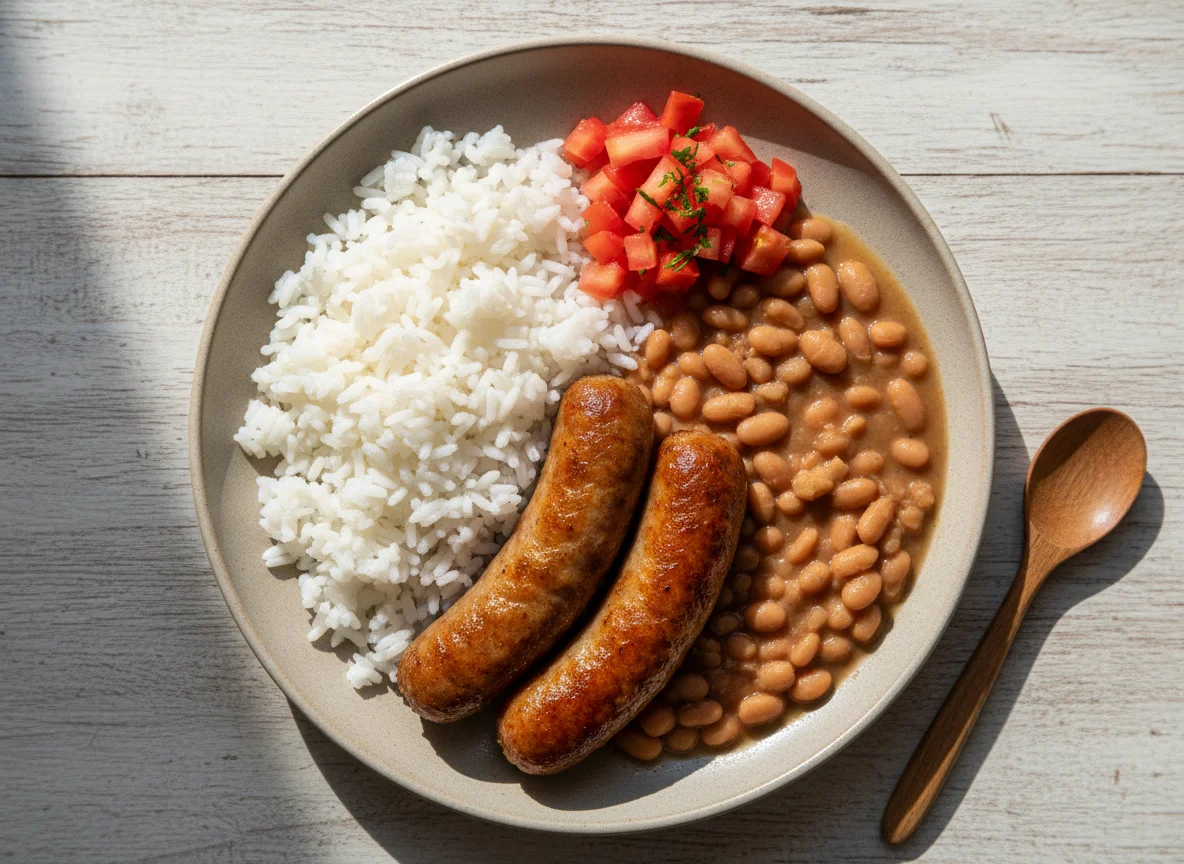 Prato brasileiro com arroz, feijão, linguiça e tomate photo