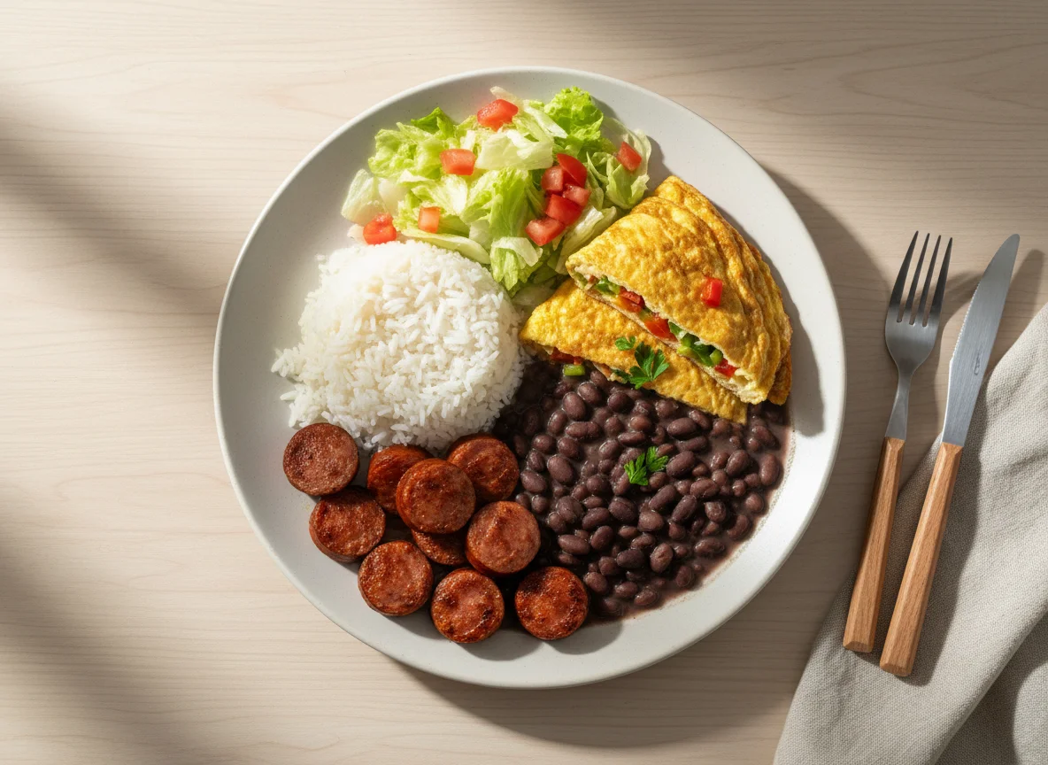 Prato brasileiro com arroz, feijão, linguiça, omelete e salada photo