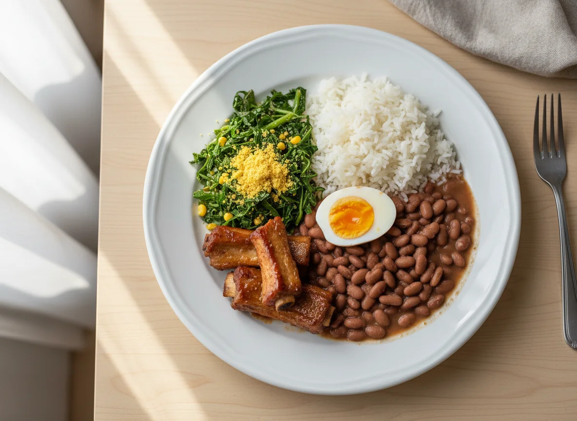 Prato brasileiro com arroz, feijão, ovo e refogado photo