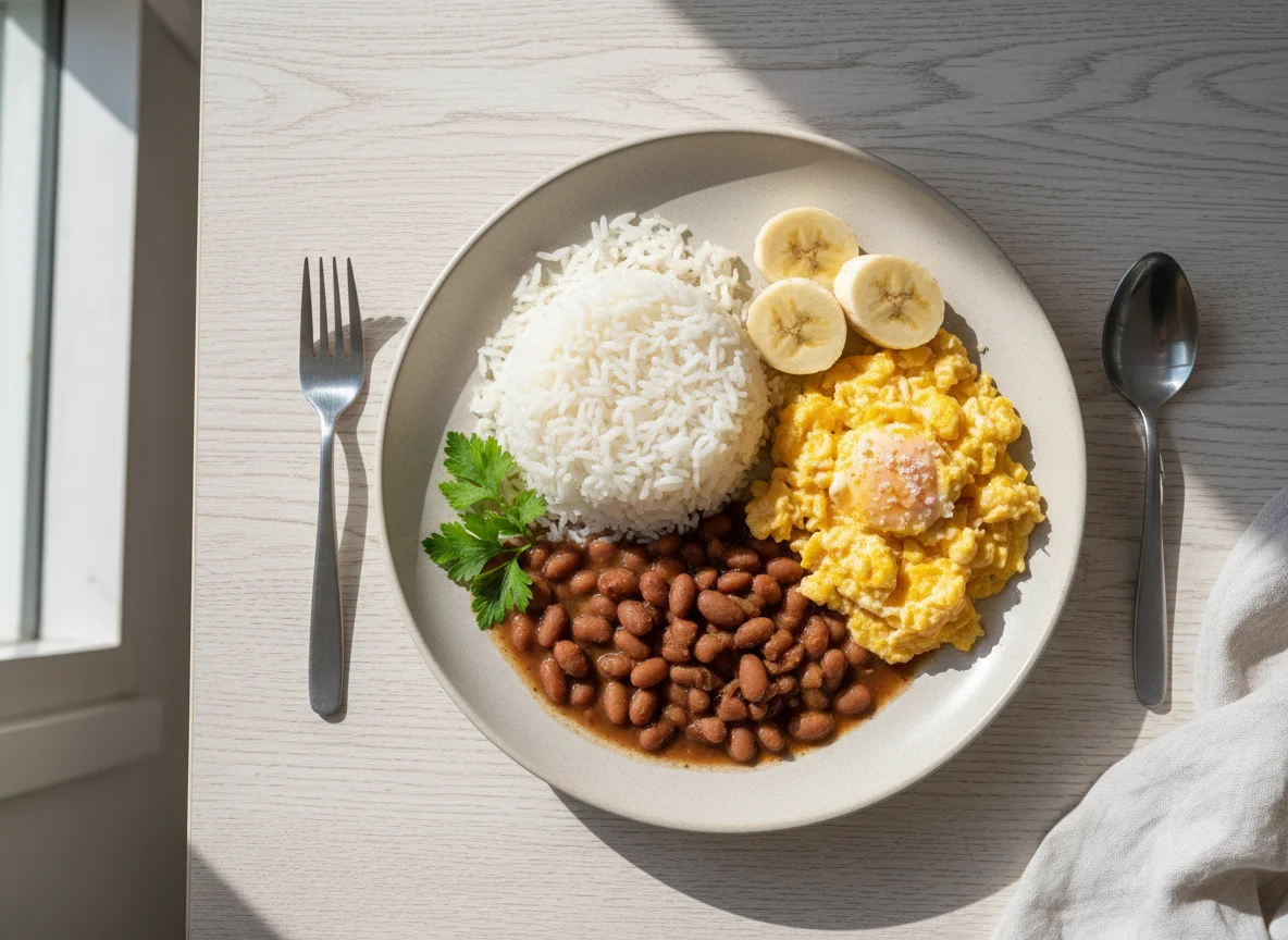 Prato brasileiro com arroz, feijão, ovos mexidos e banana photo
