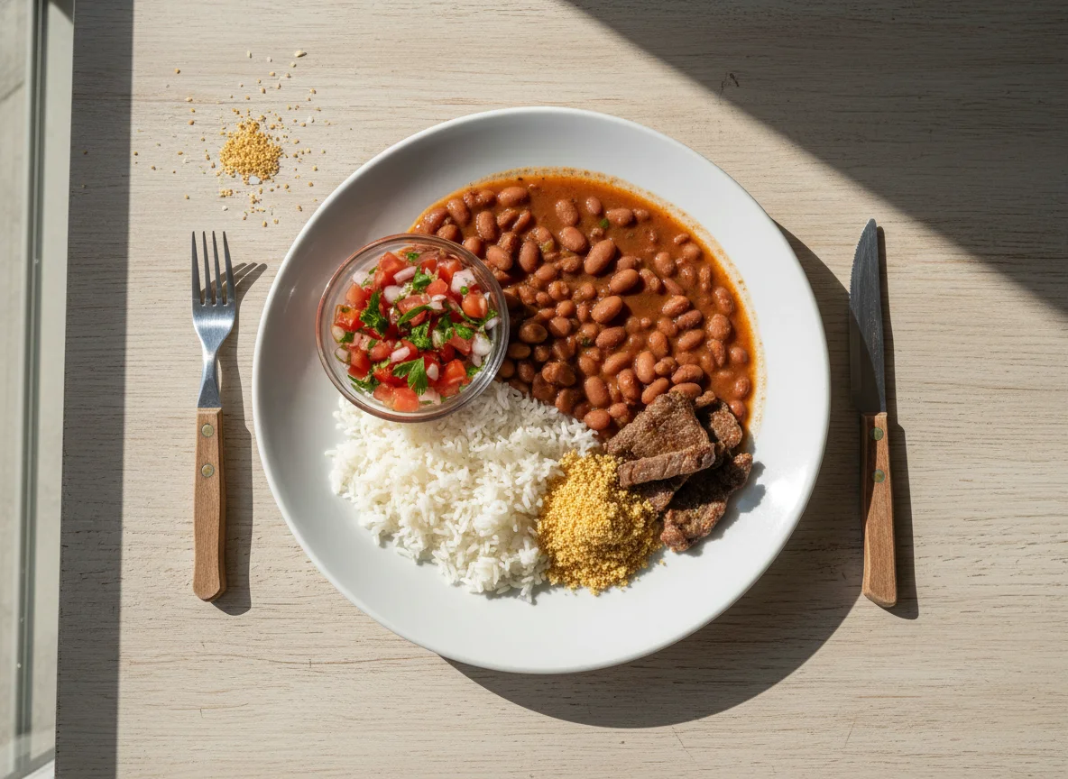 Prato Brasileiro com Arroz, Feijão, Vinagrete e Farofa photo