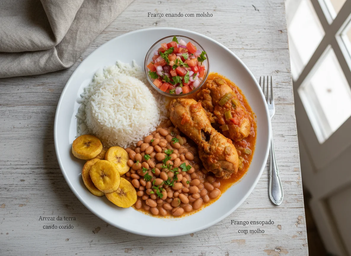 Prato brasileiro com arroz, feijão, vinagrete e frango photo
