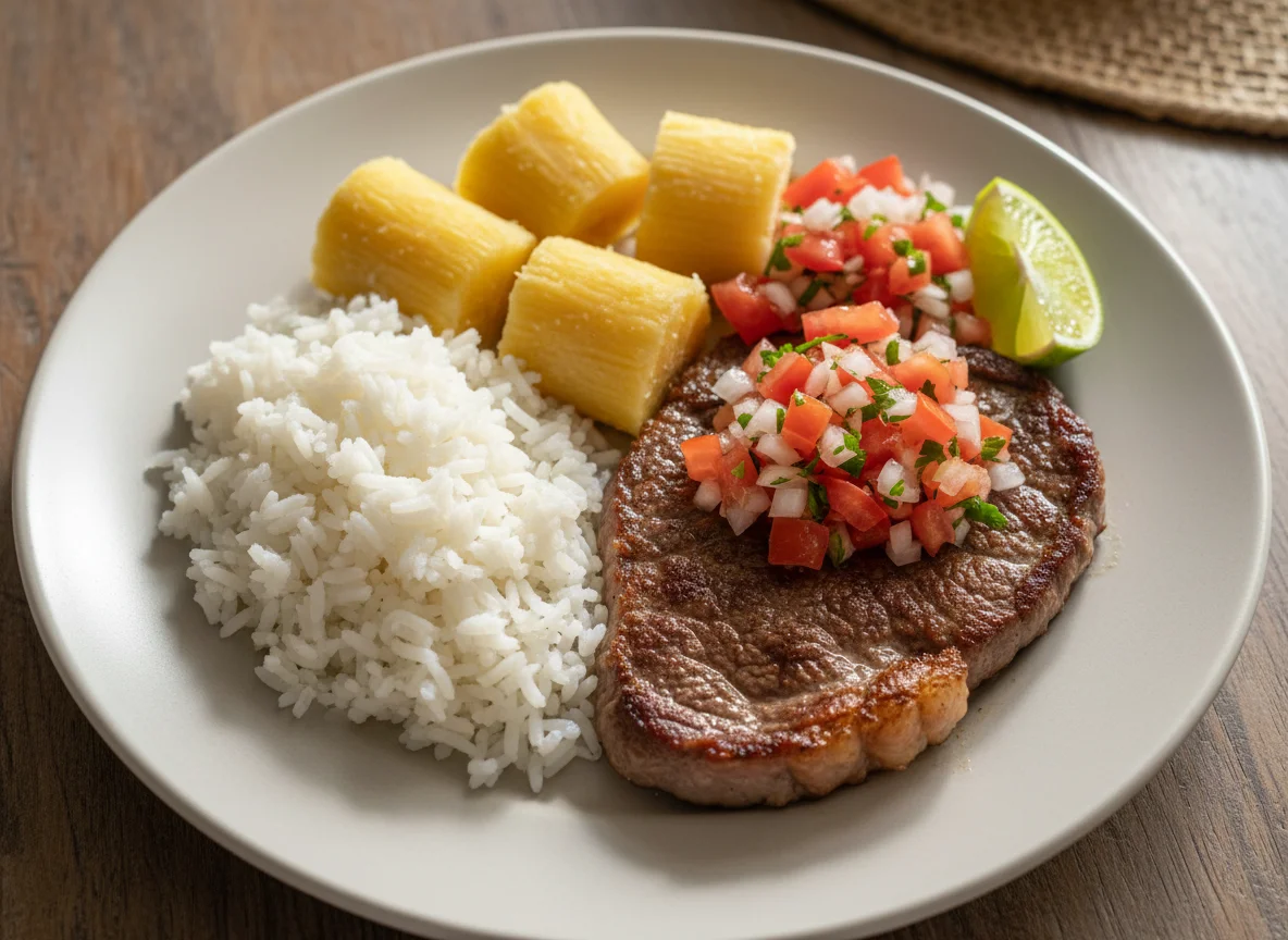 Prato brasileiro com arroz, mandioca, carne e vinagrete photo