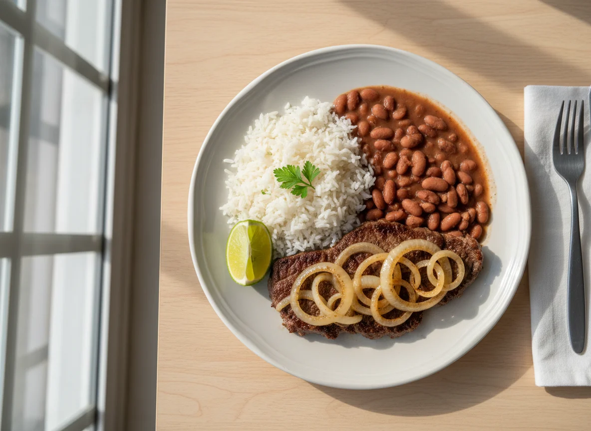 Prato brasileiro com bife acebolado, arroz e feijão photo