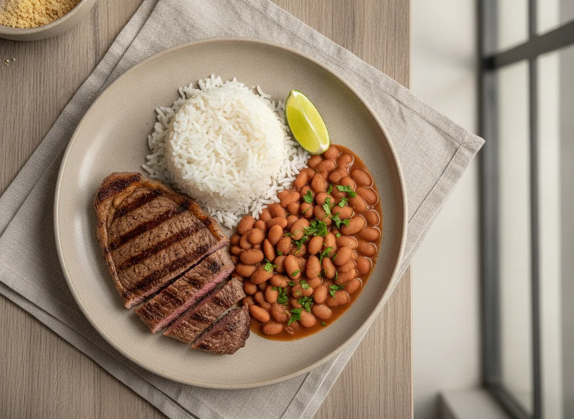 Prato brasileiro com bife, arroz e feijão photo