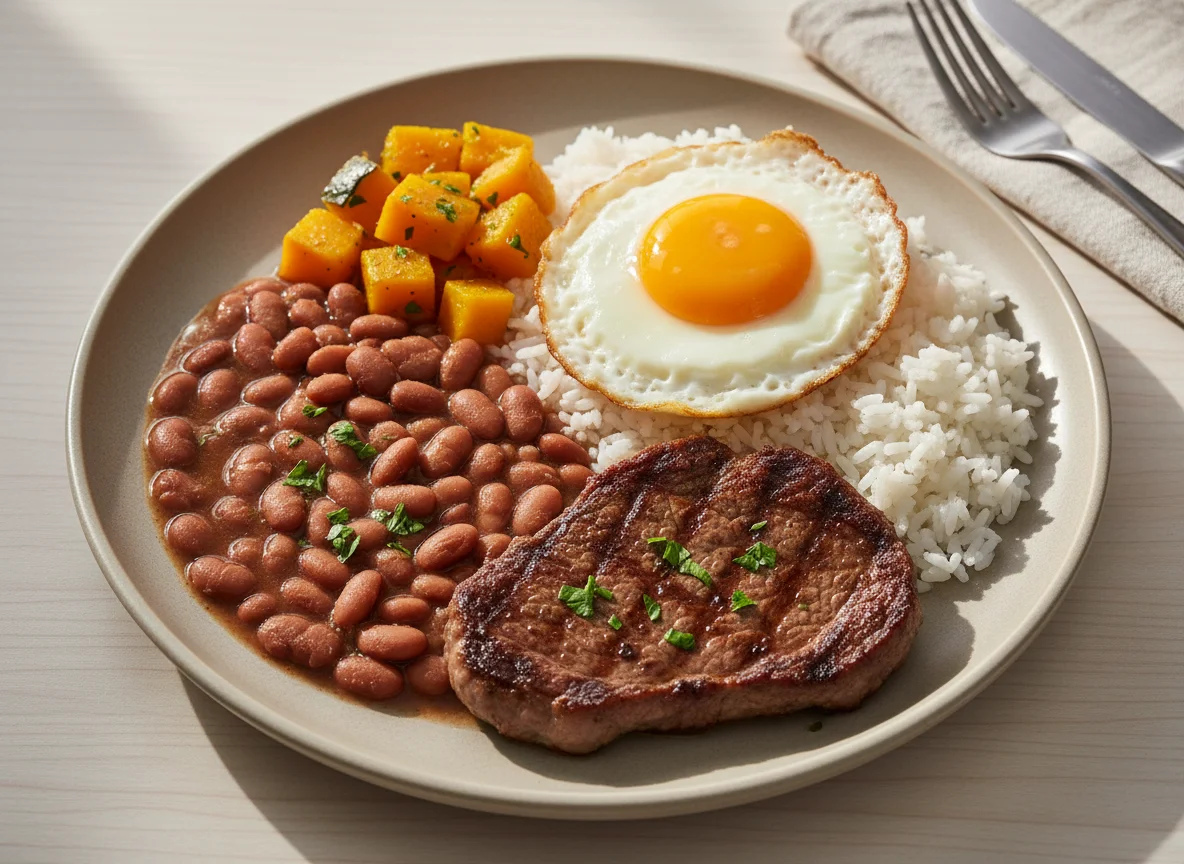Prato brasileiro com bife, feijão, arroz, abóbora e ovo frito photo