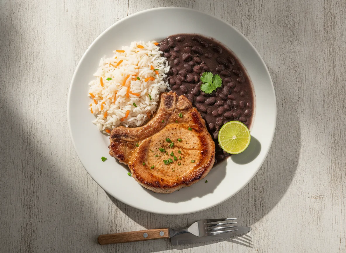 Prato brasileiro com bisteca, arroz e feijão photo