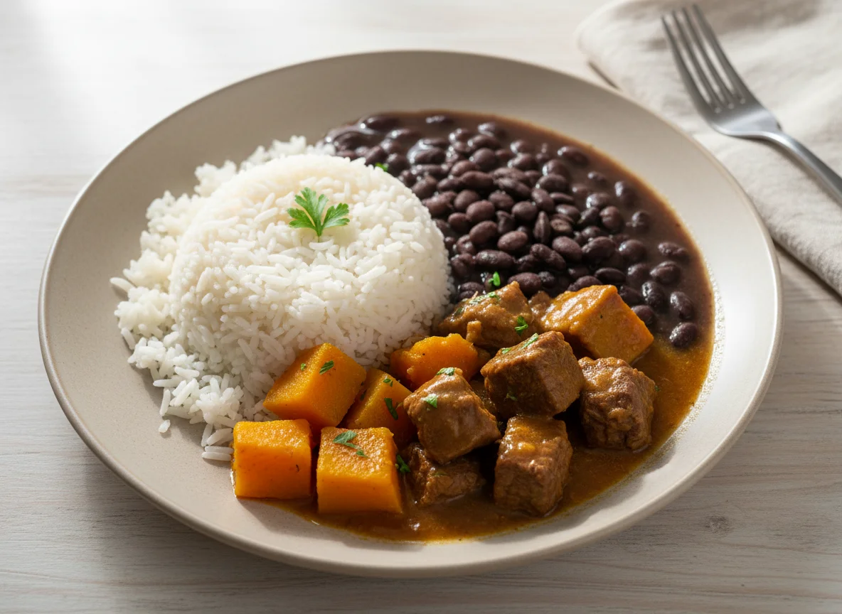Prato brasileiro com carne, abóbora, arroz e feijão photo