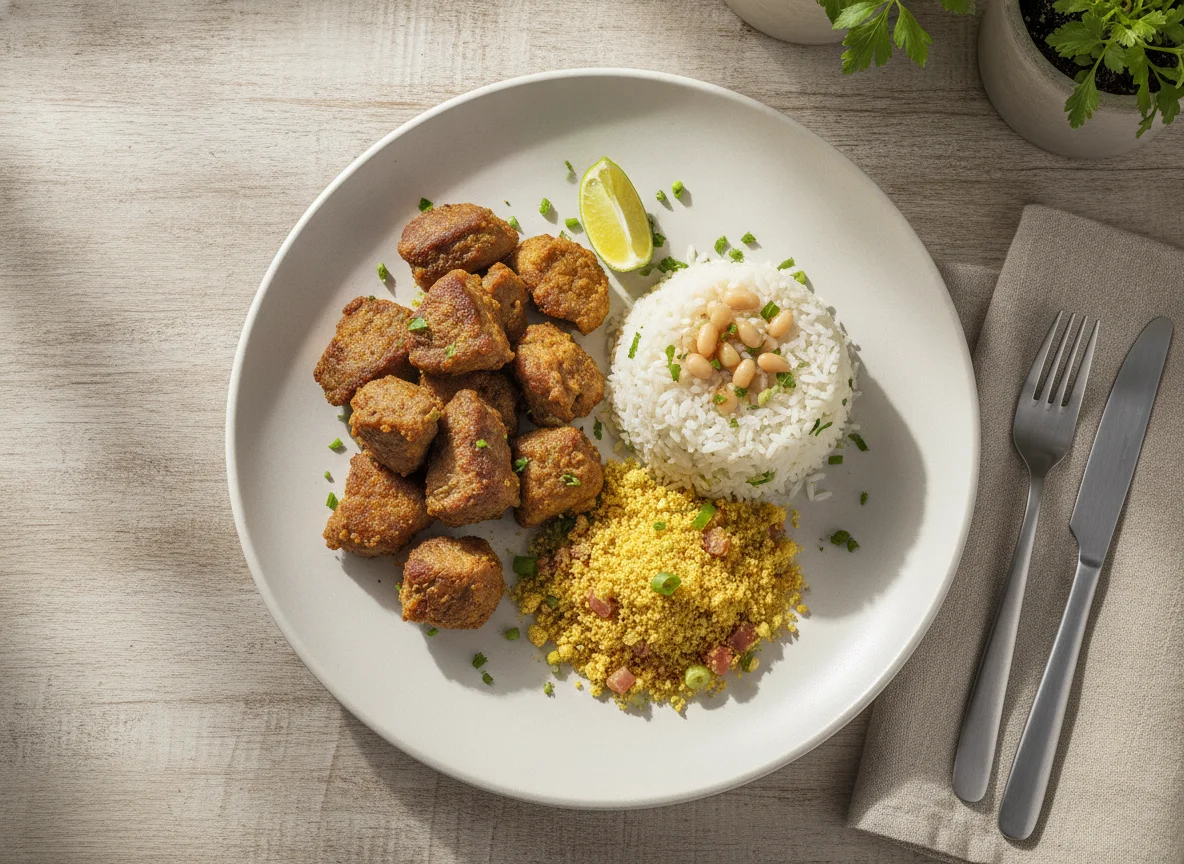Prato brasileiro com carne, arroz e farofa photo
