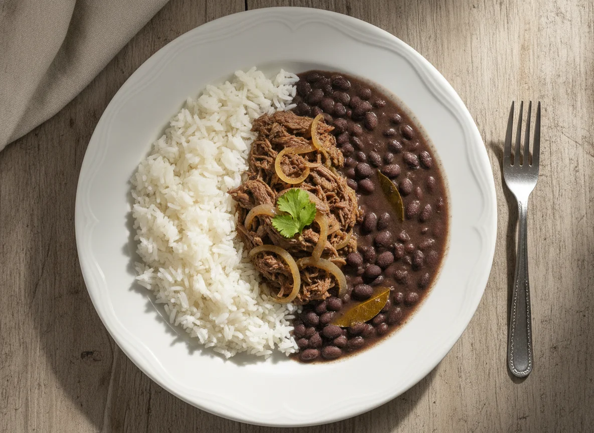 Prato brasileiro com carne, arroz e feijão photo