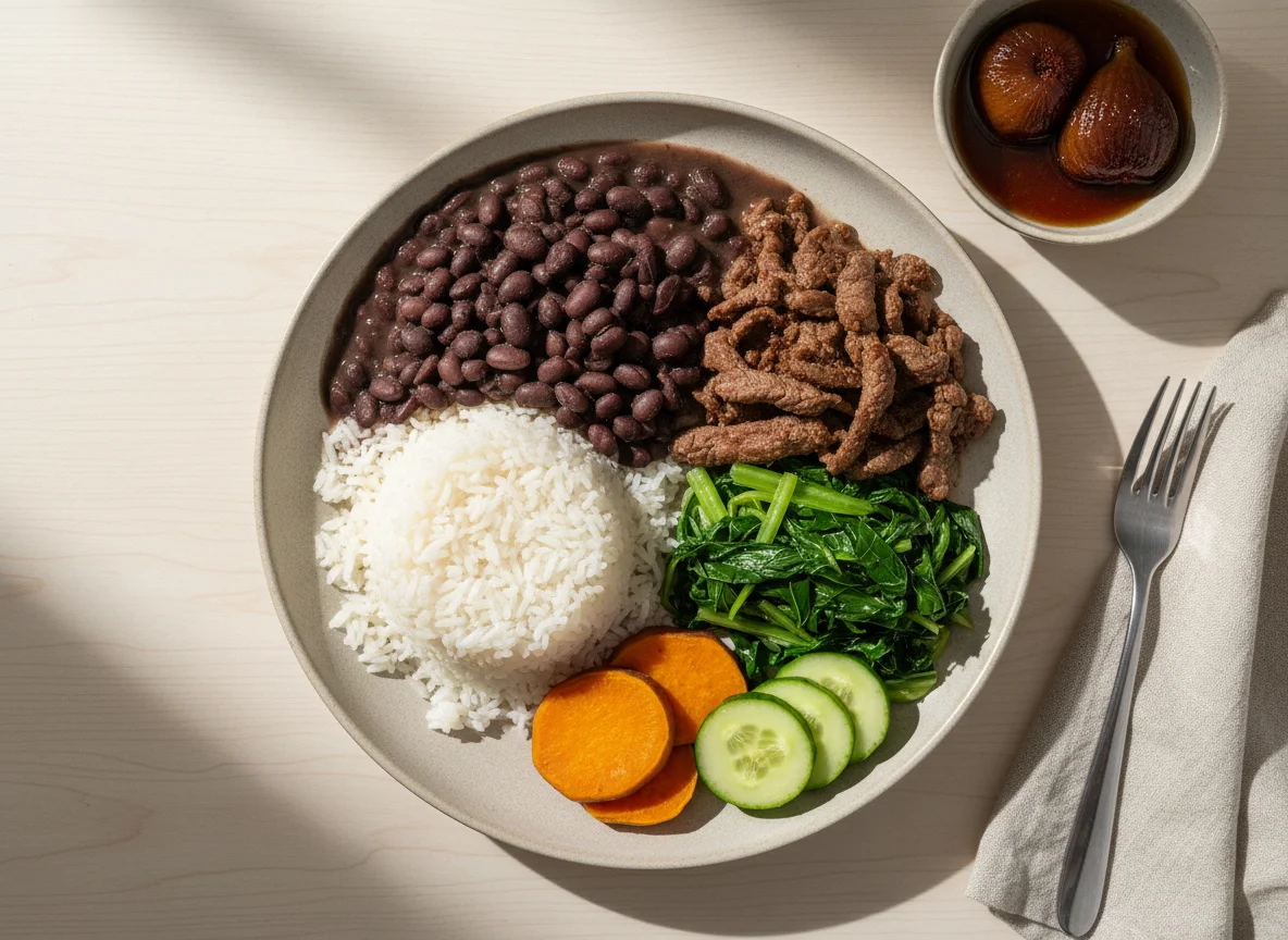 Prato brasileiro com carne, arroz, feijão e acompanhamentos photo