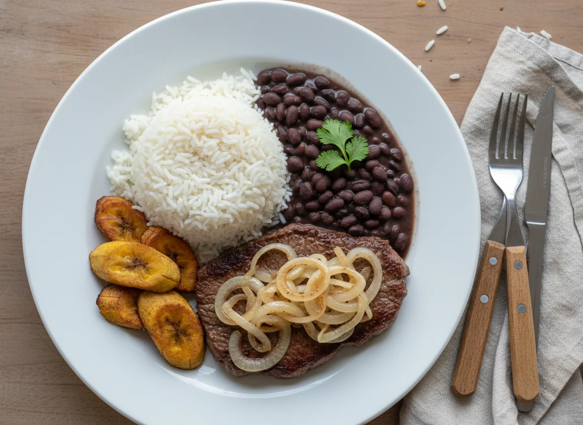 Prato brasileiro com carne, arroz, feijão e banana photo