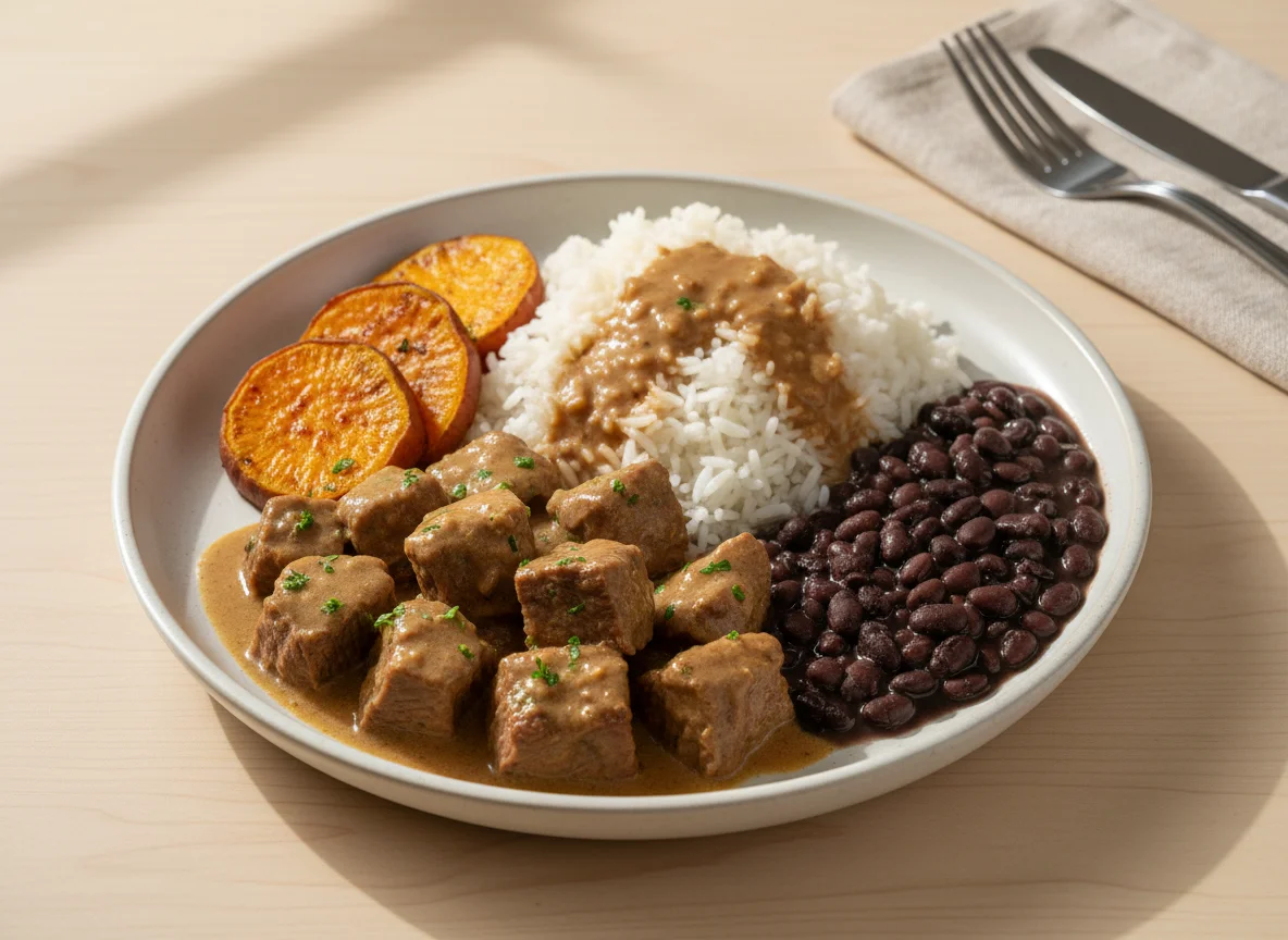 Prato brasileiro com carne, arroz, feijão e batata doce photo