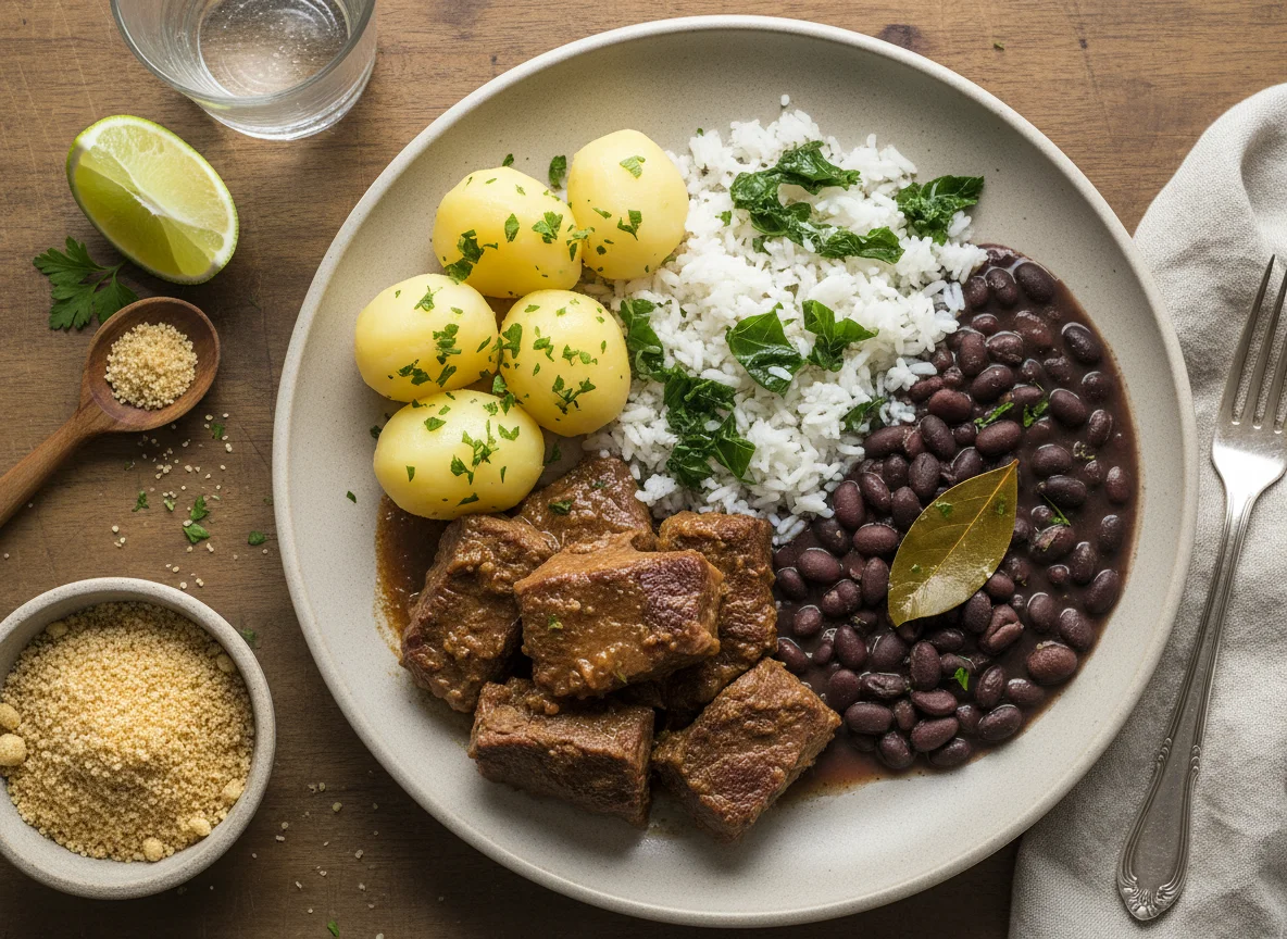 Prato brasileiro com carne, arroz, feijão e batata photo