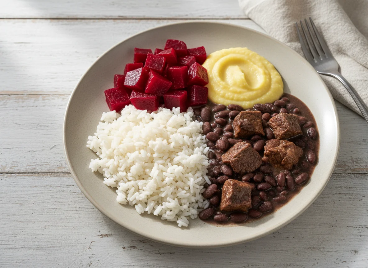 Prato brasileiro com carne, arroz, feijão e beterraba photo