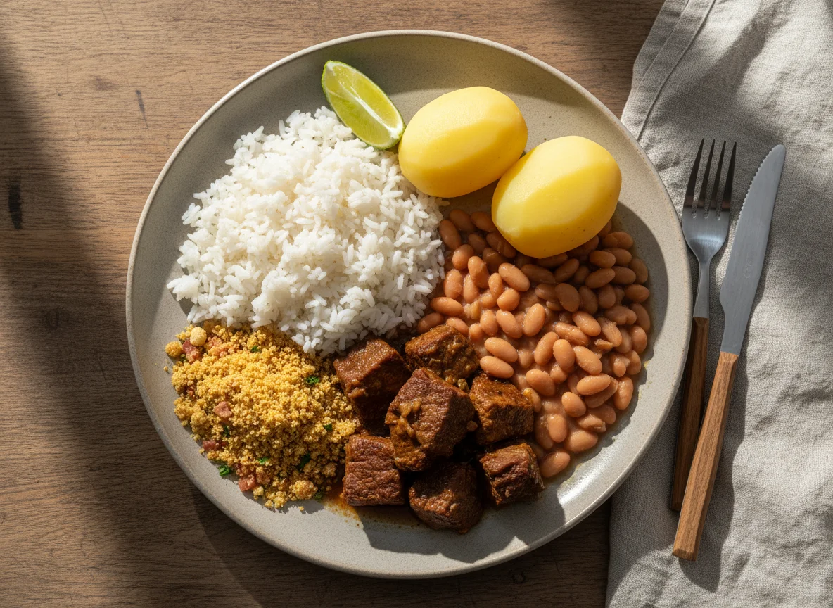 Prato brasileiro com carne, arroz, feijão e farofa photo