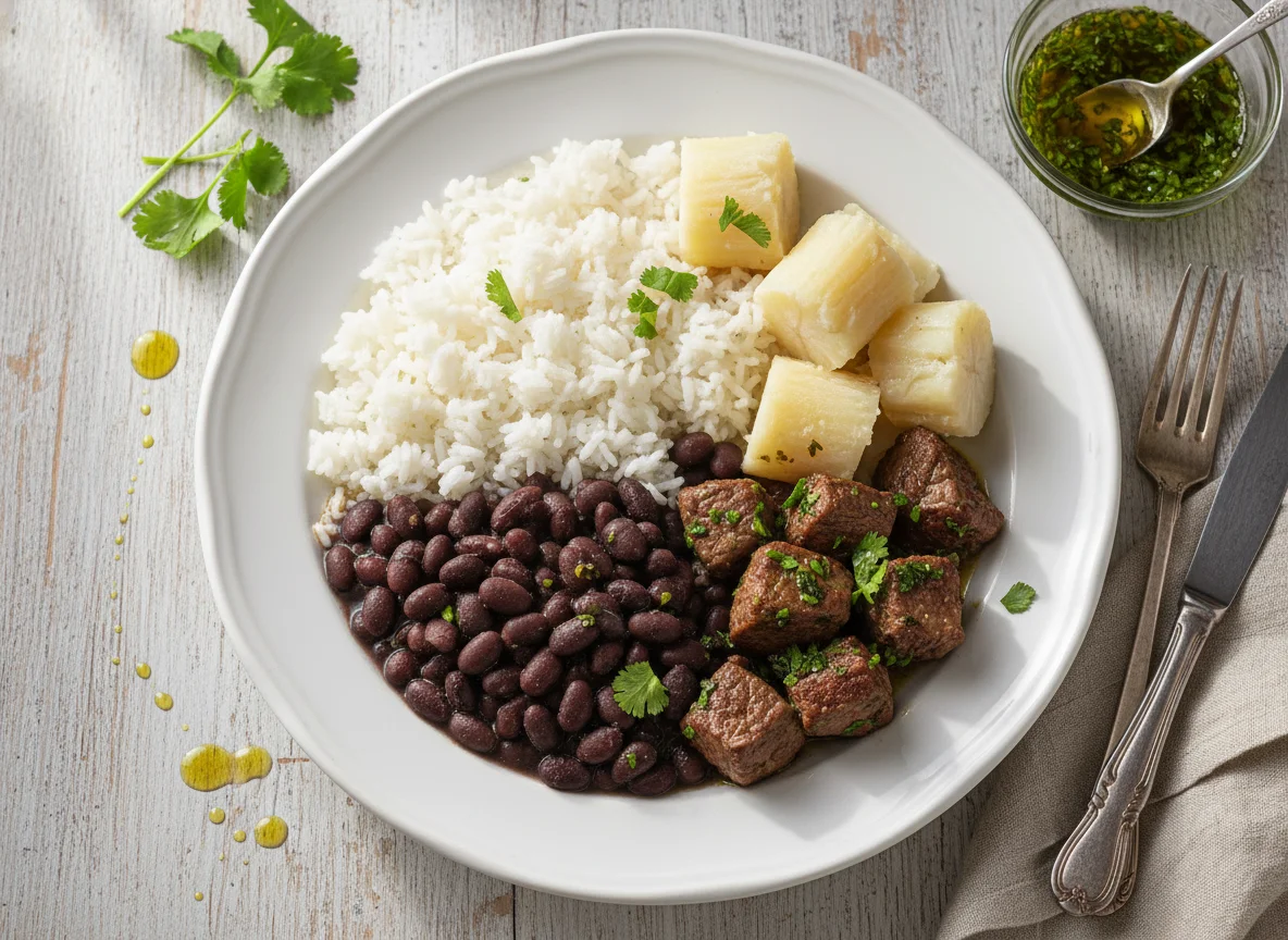 Prato brasileiro com carne, arroz, feijão e mandioca photo