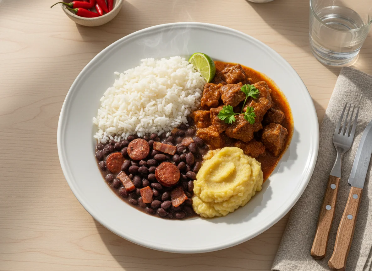 Prato brasileiro com carne, arroz, feijão e purê de banana photo