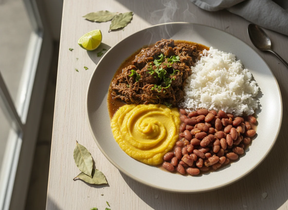 Prato brasileiro com carne, arroz, feijão e purê photo