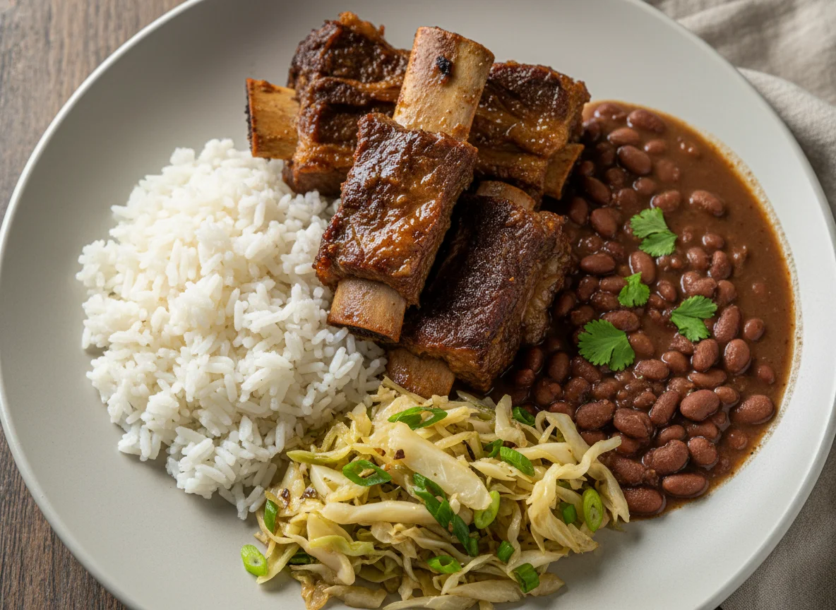 Prato brasileiro com carne, arroz, feijão e refogado de repolho photo